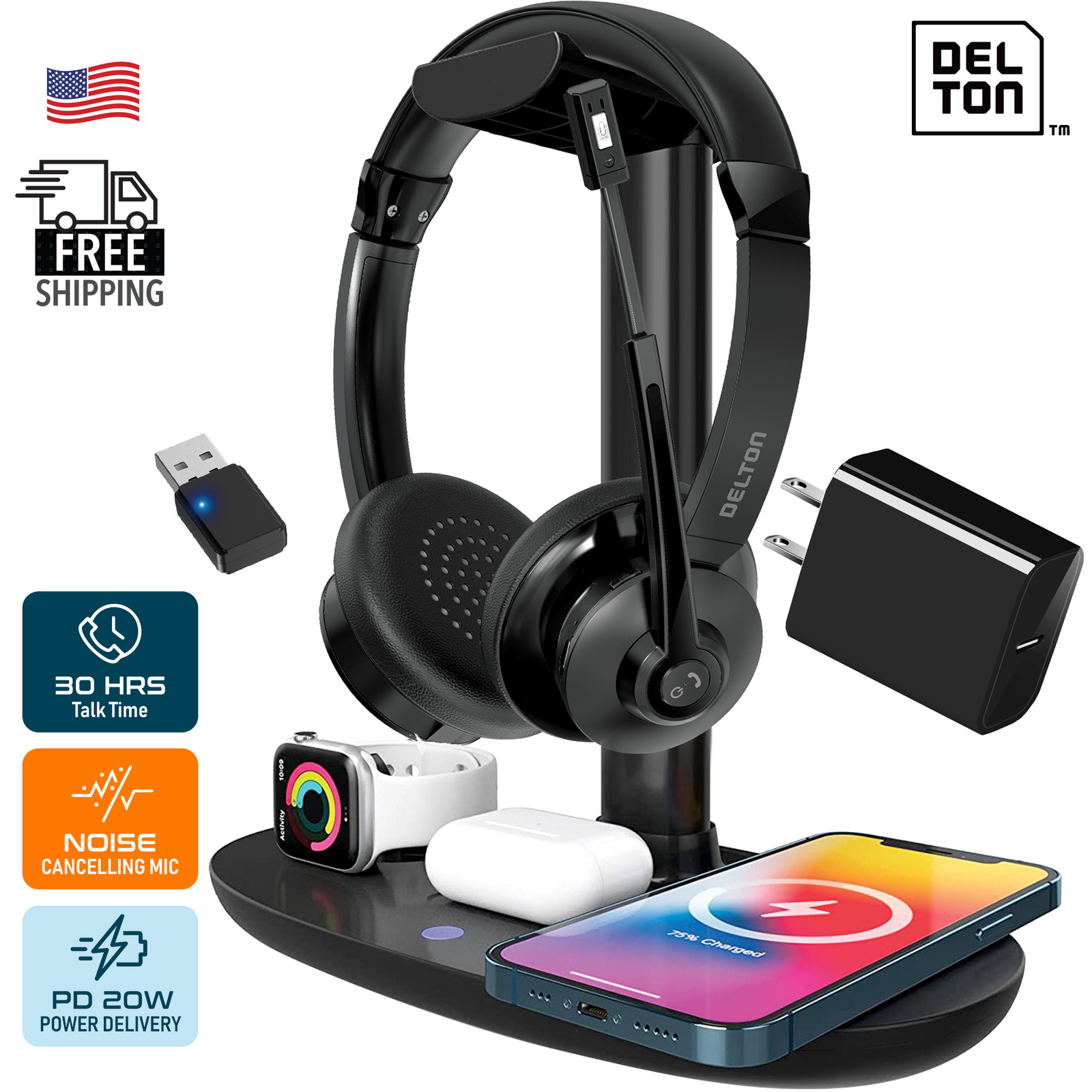 Delton 30X Wireless Headset,Wireless Charging Station with Headset stand – BlacK