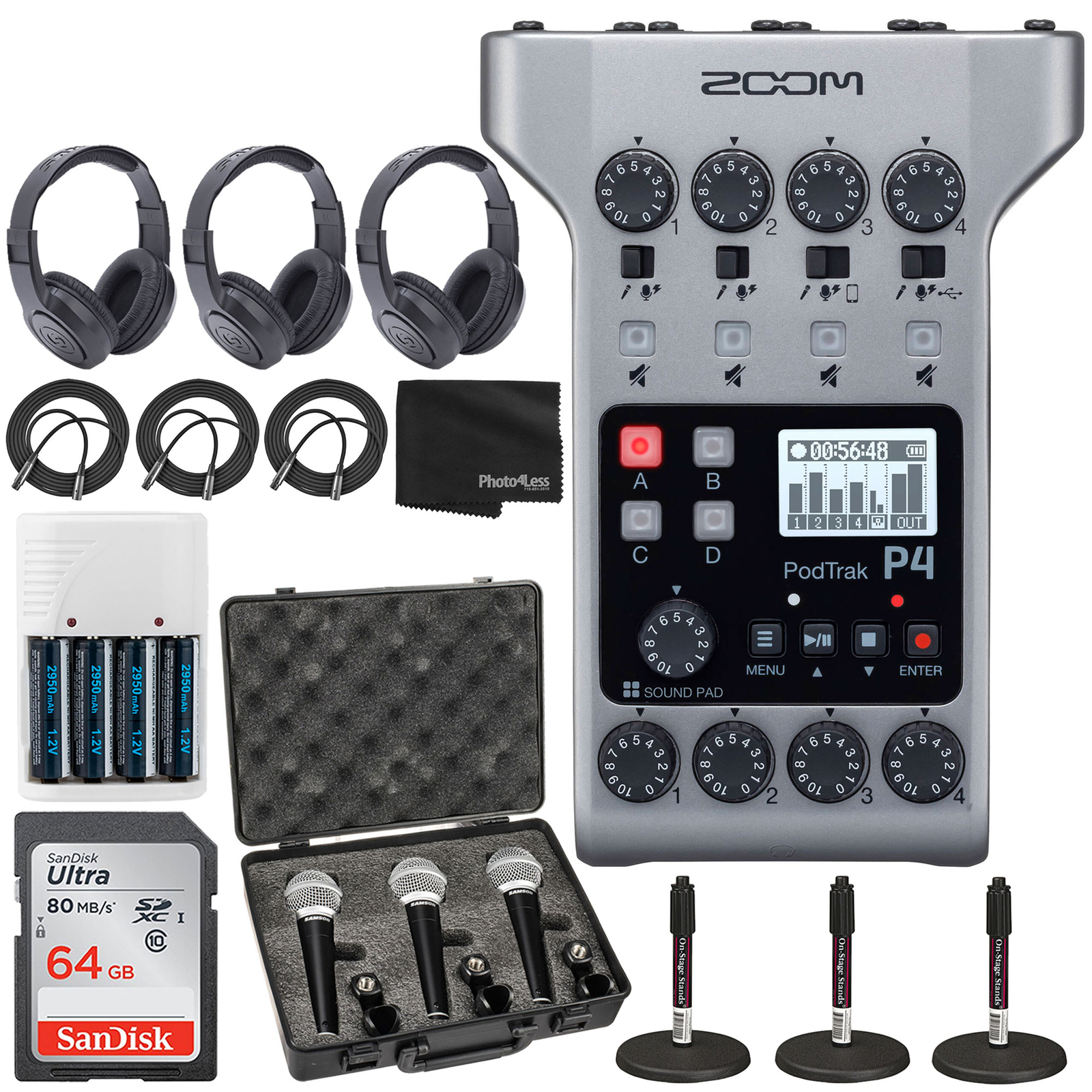 Zoom PodTrak P4 Portable Multitrack Podcast Recorder + 64GB Memory Card + Mics