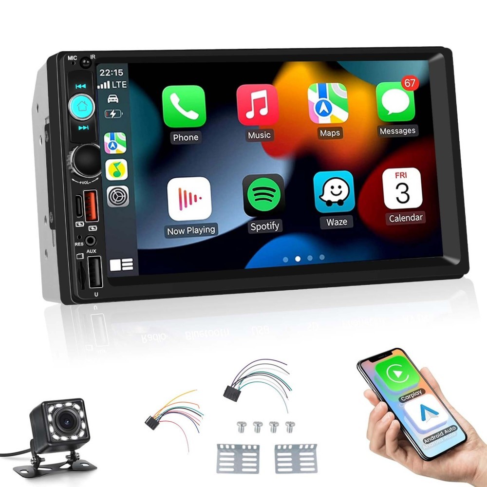 7” Wireless Apple Carplay Double 2 Din Car Radio BT Touch Screen Stereo MP5 Cam