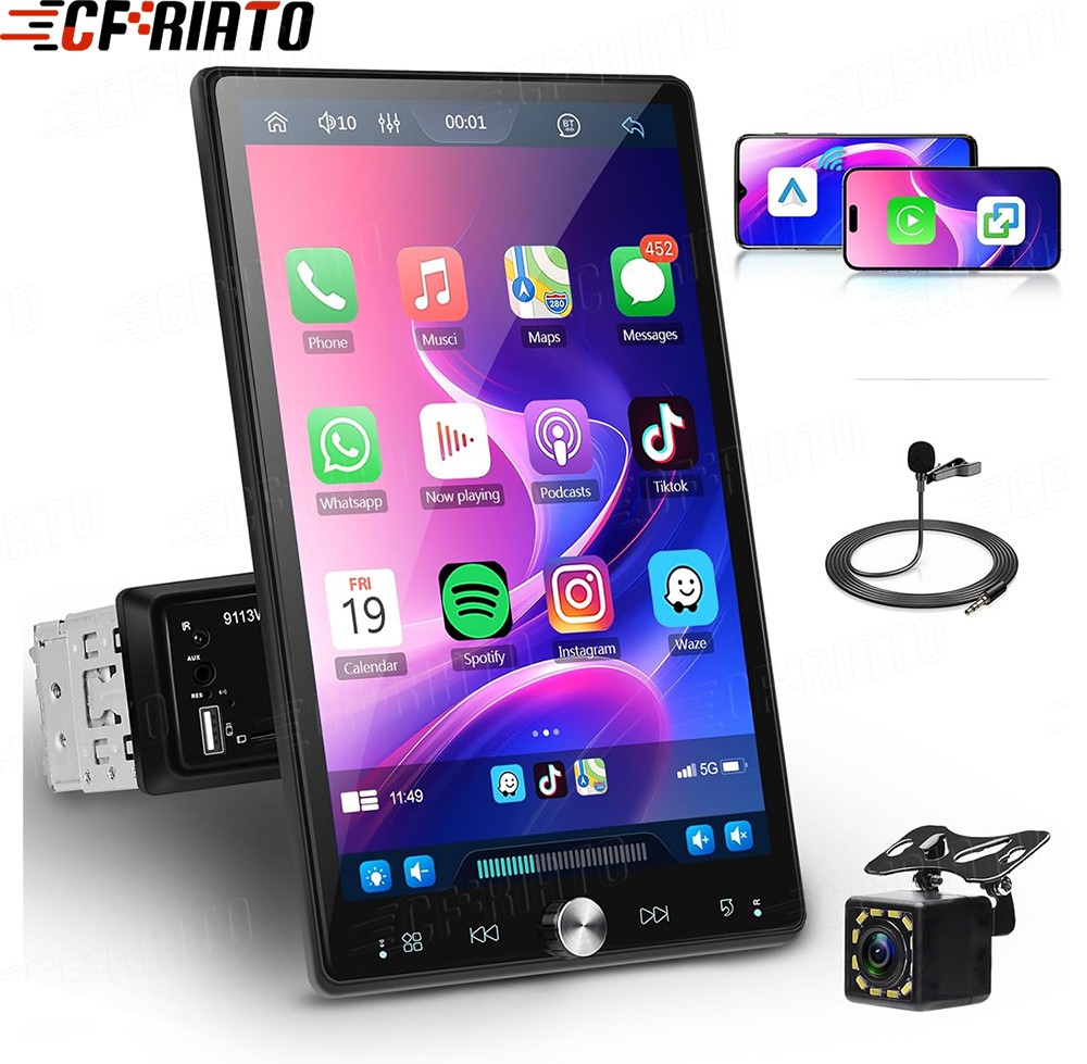 Car Stereo Radio 10.4” Single 1DIN Wireless Apple Carplay Android Auto Ratabale