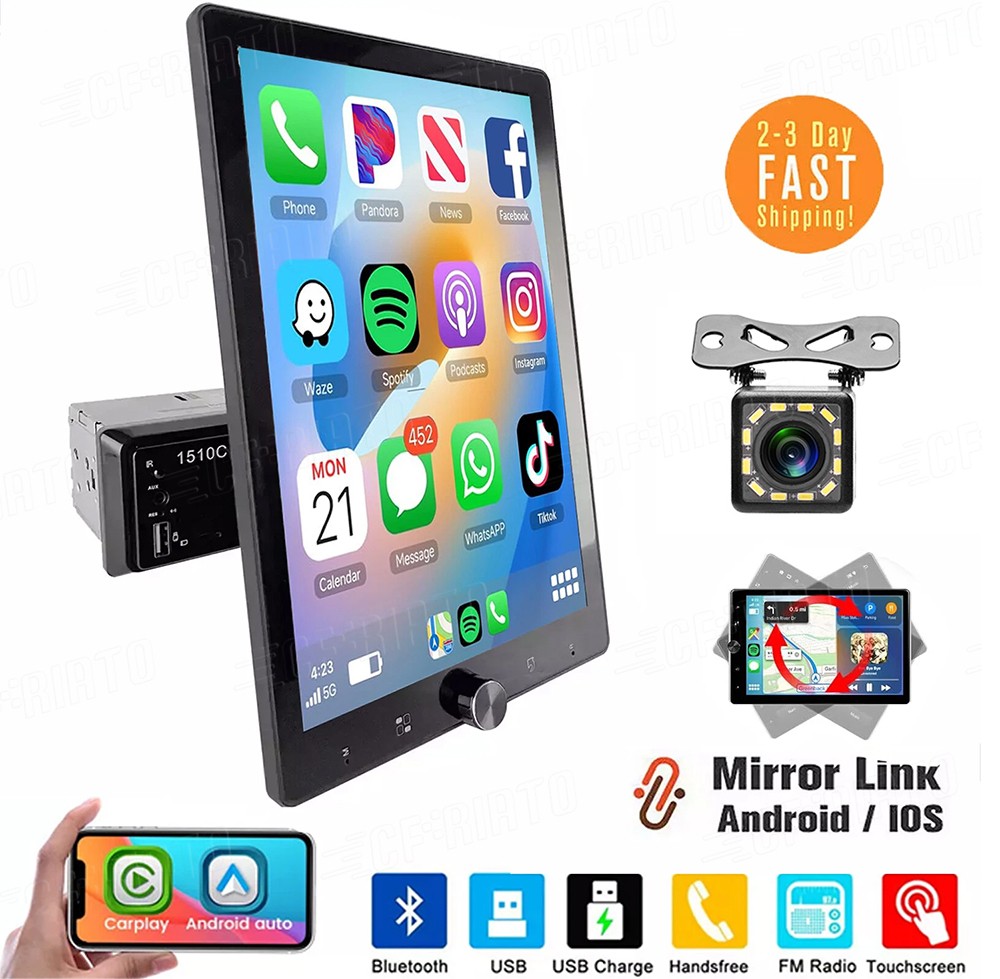 Single 1 Din 10.4″ Touch Screen Stereo Bluetooth Radio Car Apple/Android Carplay