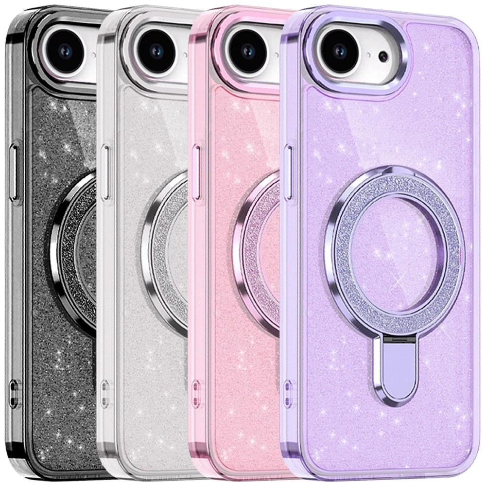 For iPhone 16e Phone Case Transparent Glitter Rotaional Magnetic Ring Stand
