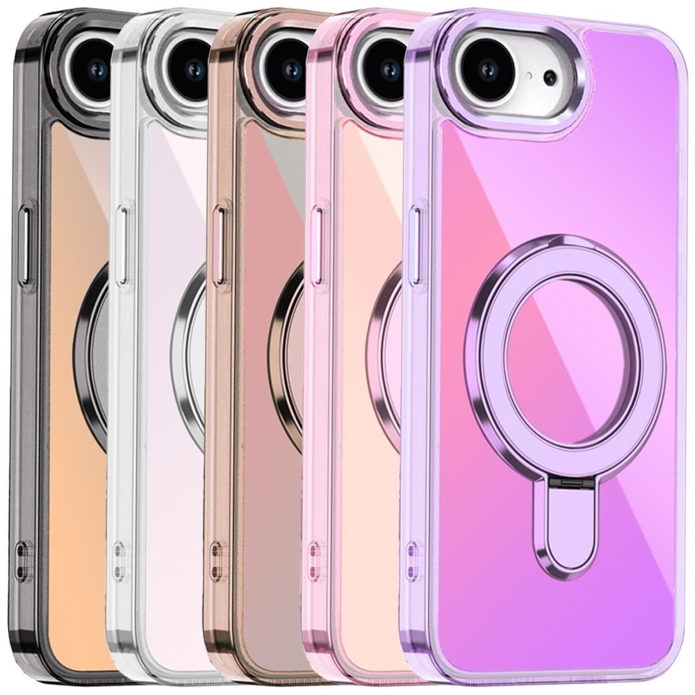 For iPhone 16e Phone Case Transparent Chrome Rotaional Magnetic Ring Stand Cover