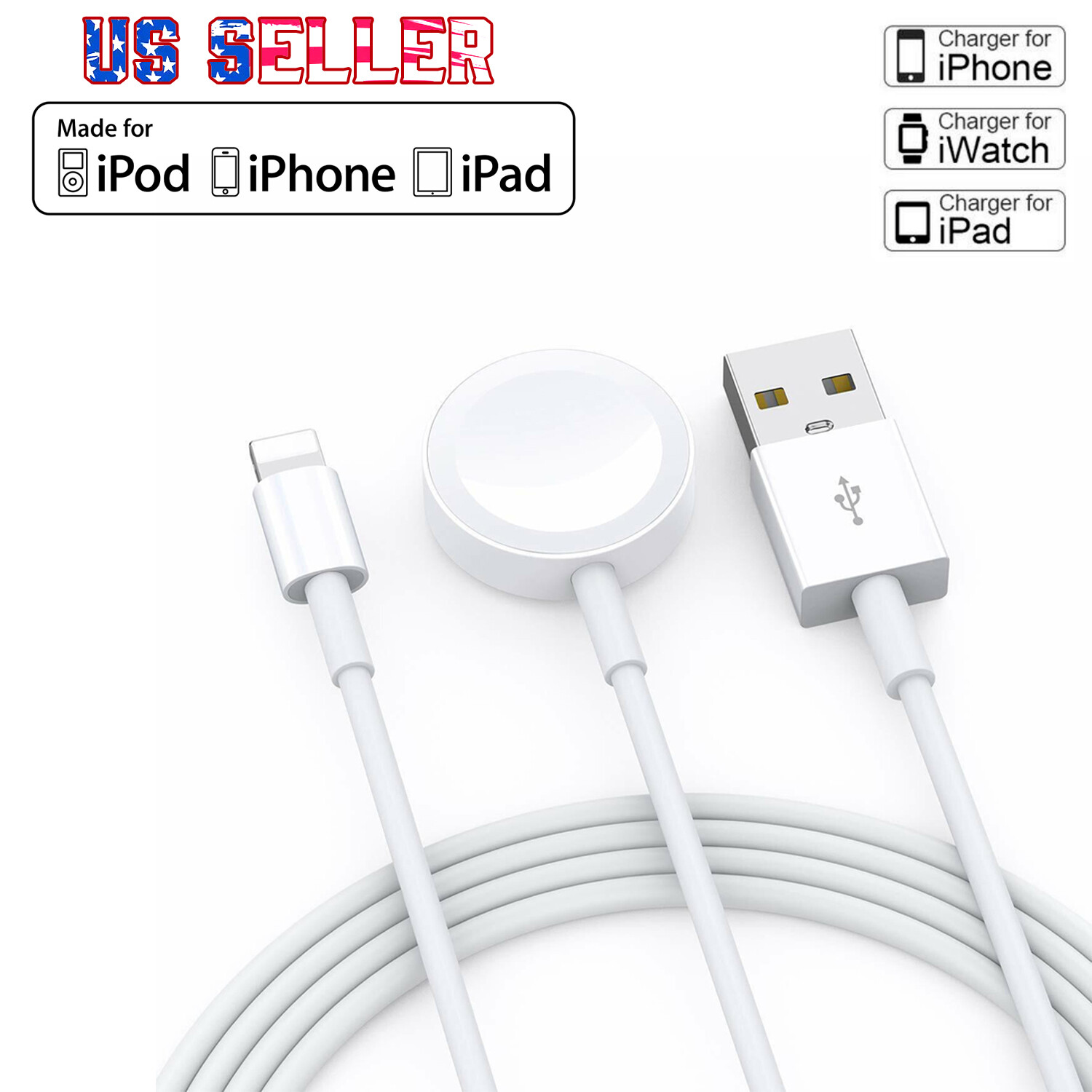 2-in-1 Magnetic Charger USB Cable For Apple Watch SE/6/5/4/3/2/1 iPhone 11/8/7/X