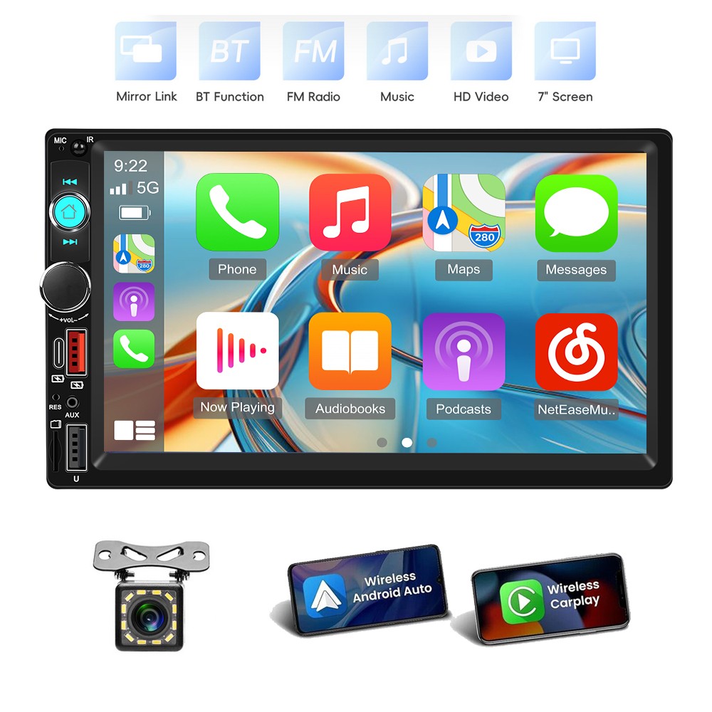 7″ Touch Screen Wireless Carplay Android Auto Double Din Car Stereo Radio BT Cam