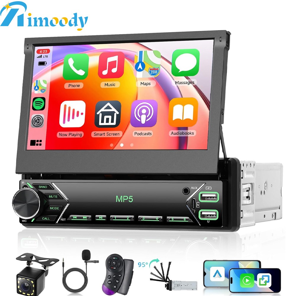 7″ Single 1 DIN CarplayFlip out Touch Screen Car Stereo Bluetooth MP5 Radio +CAM