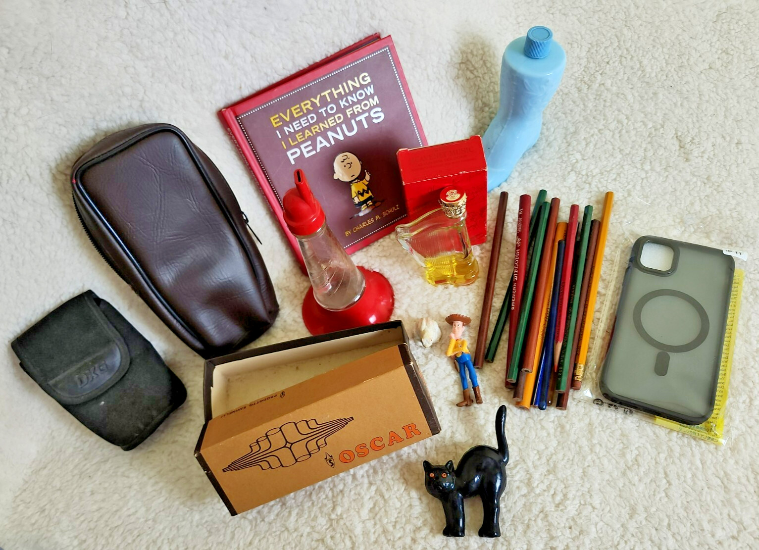 Junk Drawer Lot #12 Avon Snoopy Pencils Camera Cases Apple Phone Case Figurines