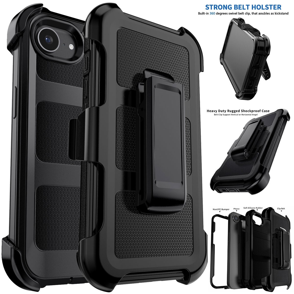 For Apple Phone 16e Rugged Shockproof Hard Case Phone Cover w/ Belt Clip Holster