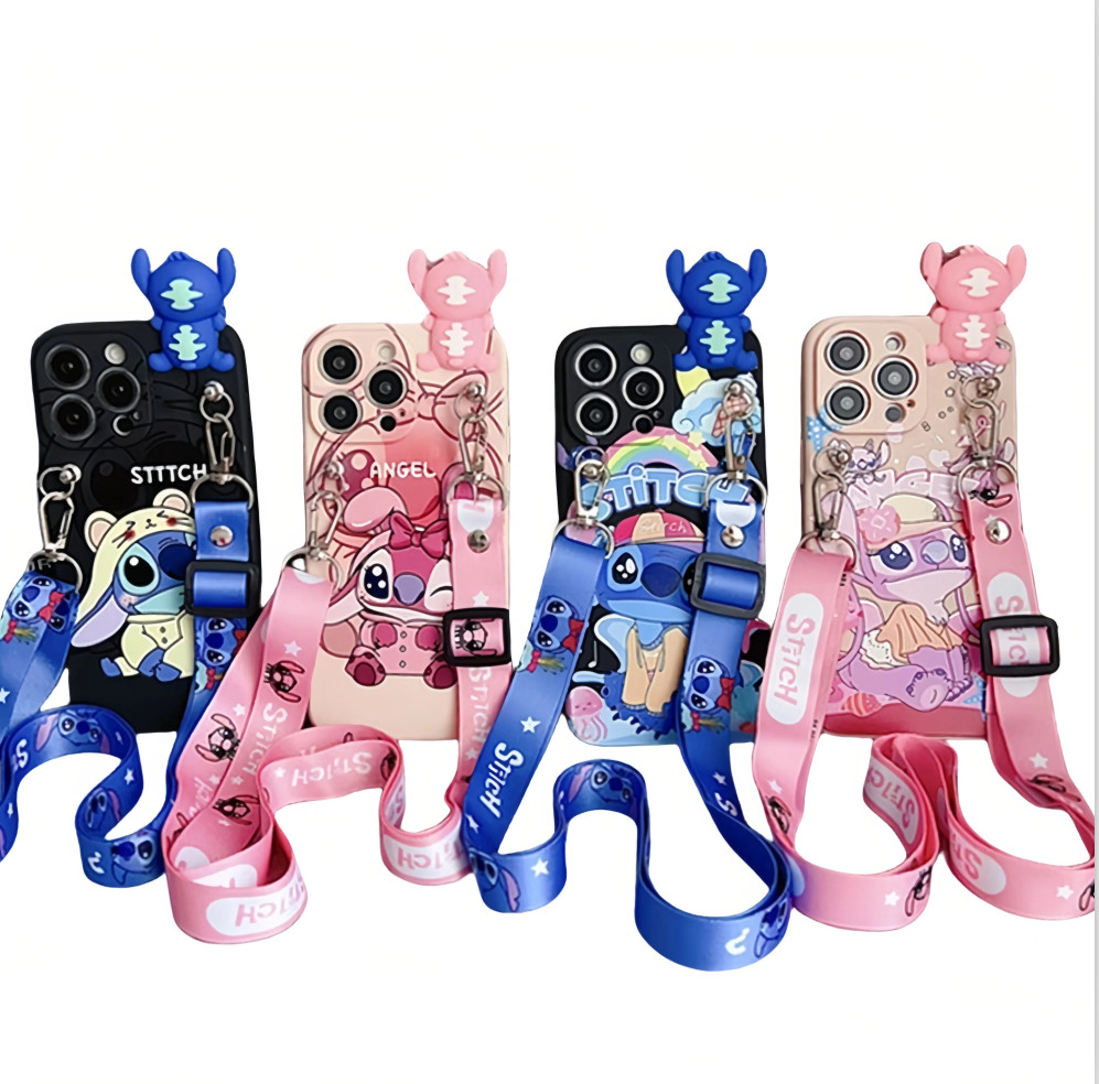 For Various Phone Cute 3D Cartoon Gift Lying Down Stitch Doll  Strap Case Cover