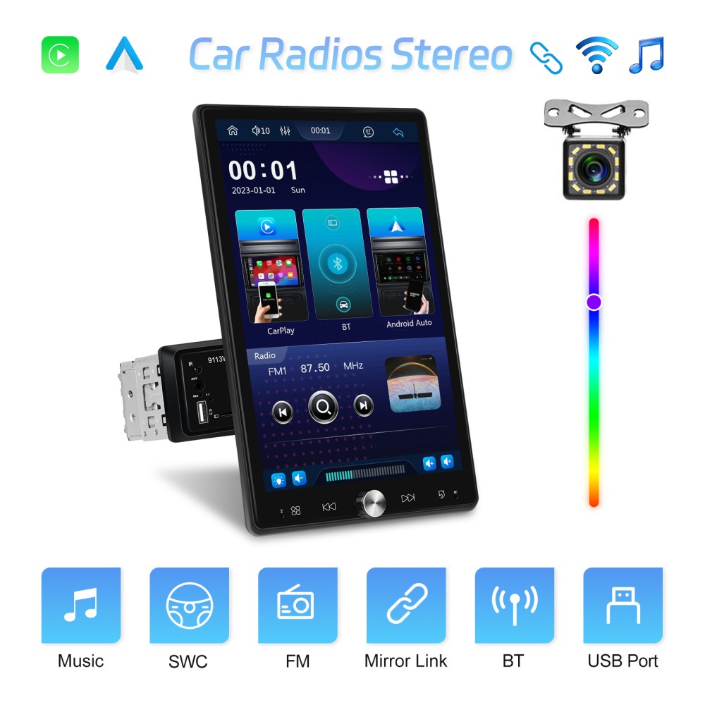 Single 1 Din 10.4″ Touch Screen Car Stereo Apple/Android Carplay Radio + Camera