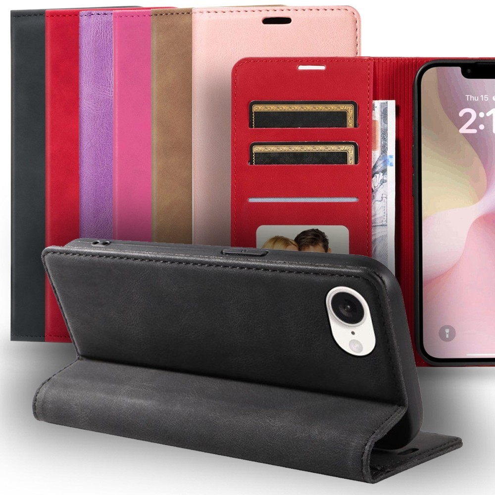 For iPhone 16e Phone PU Vegan Leather Case ID Card Money Holder Magnetic Closure