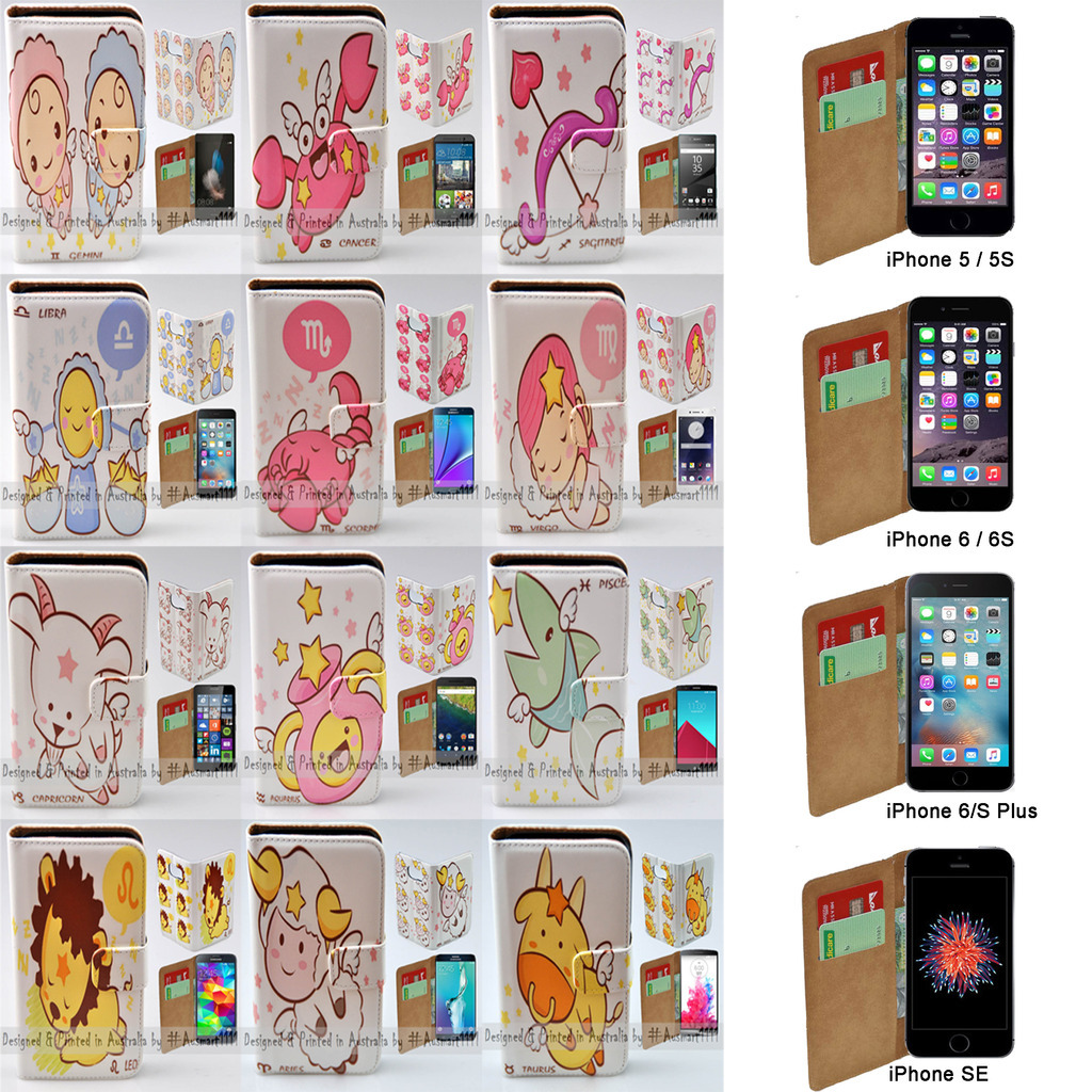 For Apple Phone Series – 12 Zodiac Star Signs Print Wallet Phone Case Cover #1