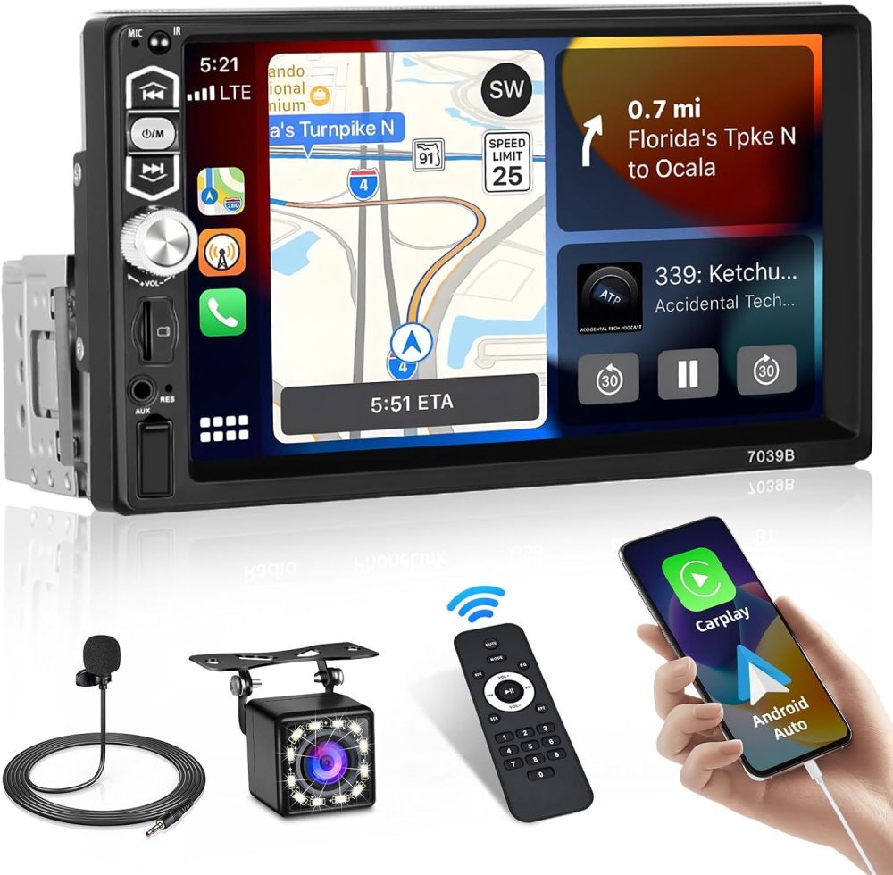 Single 1Din 7″ Touch Screen Car Stereo Radio Android Auto Apple Carplay BT FM