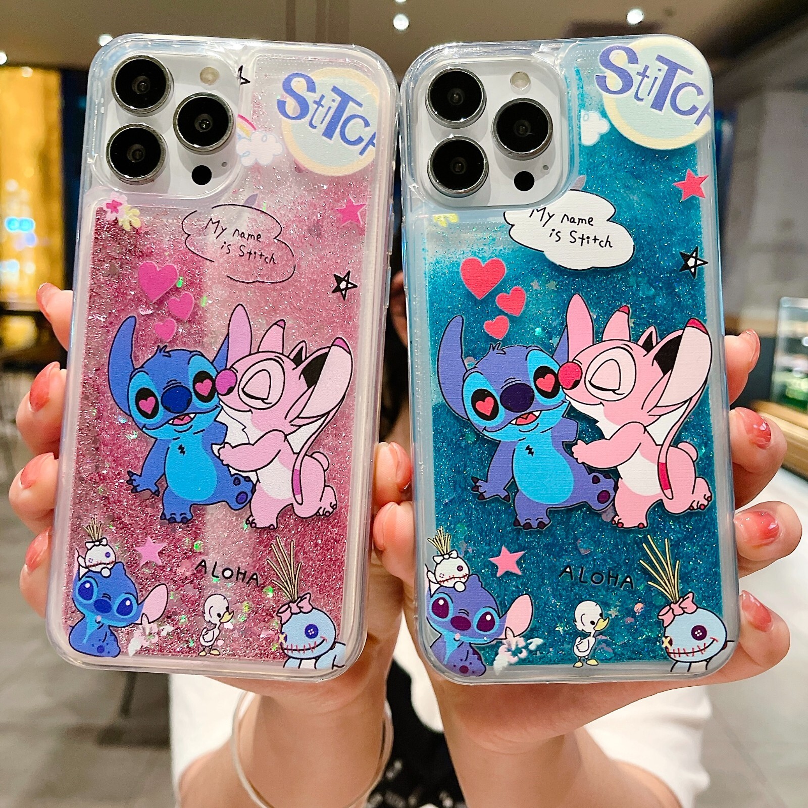 For Various Phone Cute Cartoon Lovers Stitch Liquid Bling Quicksand Case Cover