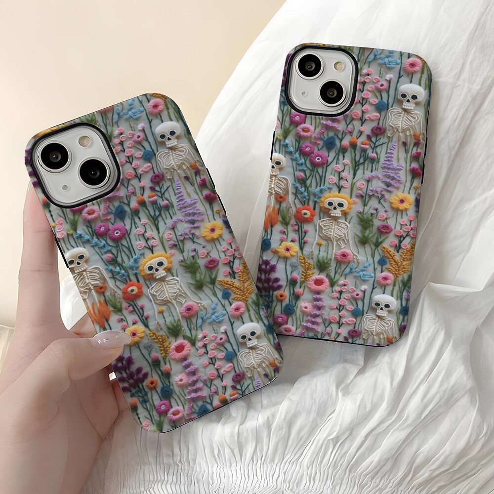 Halloween Flower Skull Double film Matte Texture Phone Case for iPhone 15 14 13