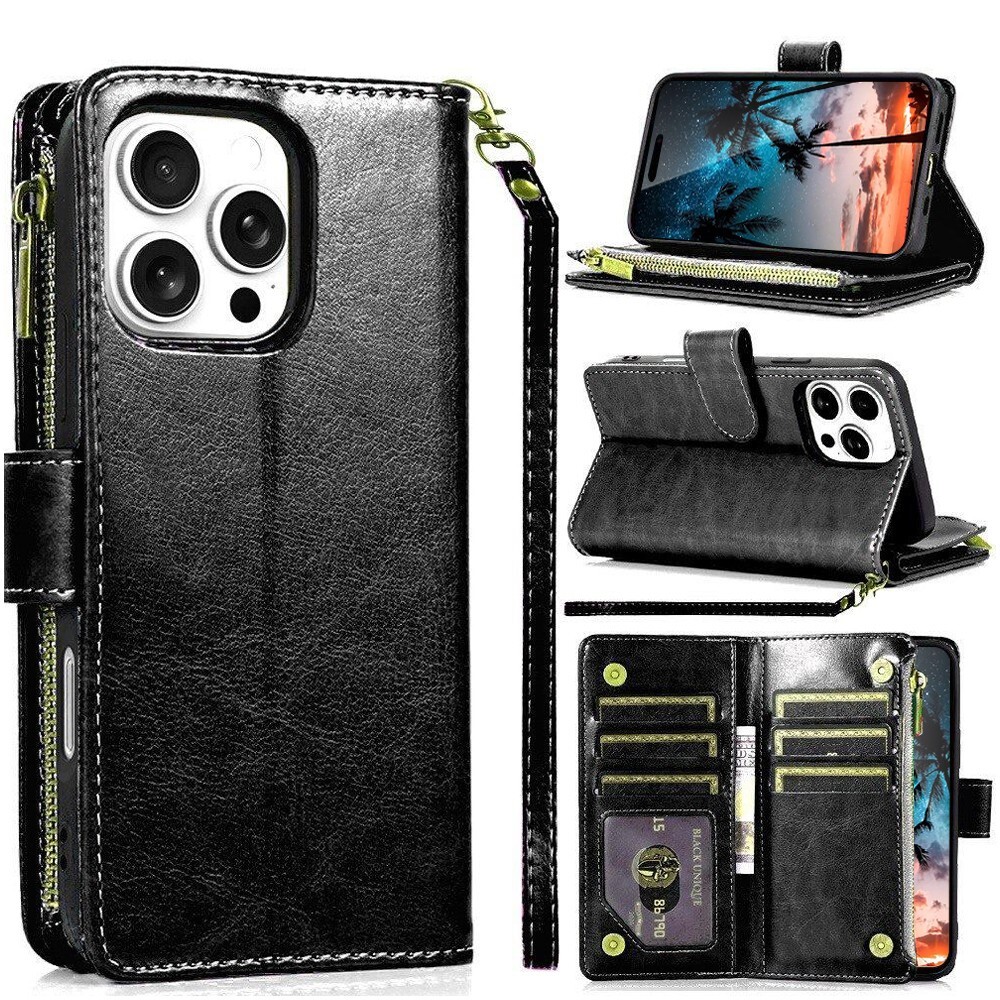 For iPhone 16 Pro Max Plus Faux leather Case Wallet Card ID Zipper Money Holder