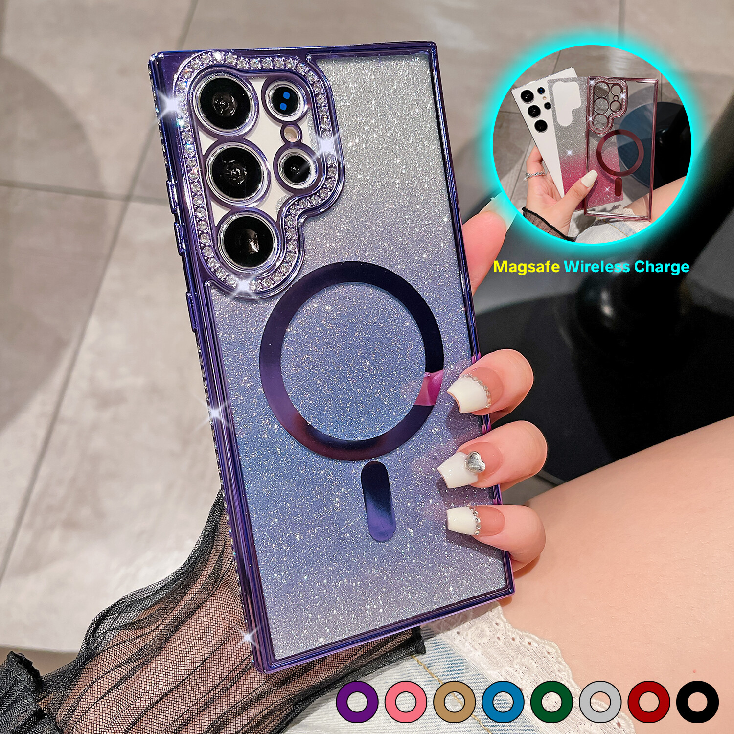 For Samsung Galaxy S23 Ultra S22+ Rhinestone Bling Glitter MagSafe Gradient Case