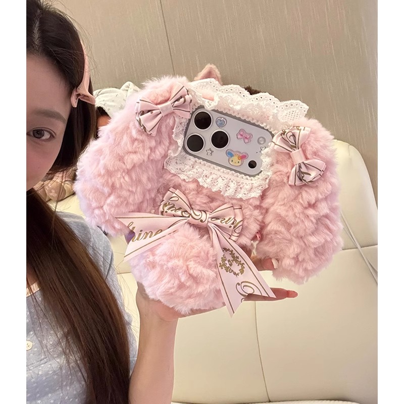 Pink Plush Phone Case Suitable for Apple Phone 13-17 Series Big Ear Bow