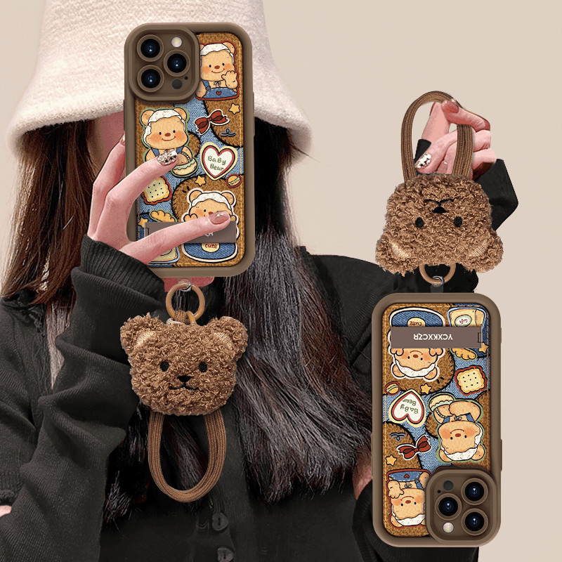 Cute Butter Bear Suitable for Apple 16Promax Phone Case with Holder+hand Rope