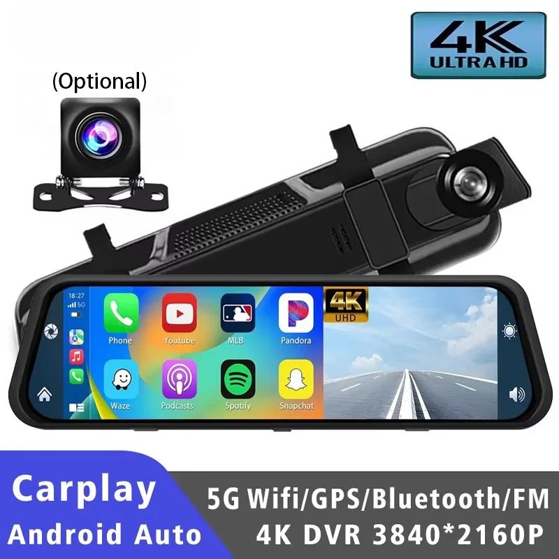 10″ Dash Cam 4K 3840*2160P Car Dvr Carplay Android Auto GPS 5G WIFI AUX Stream