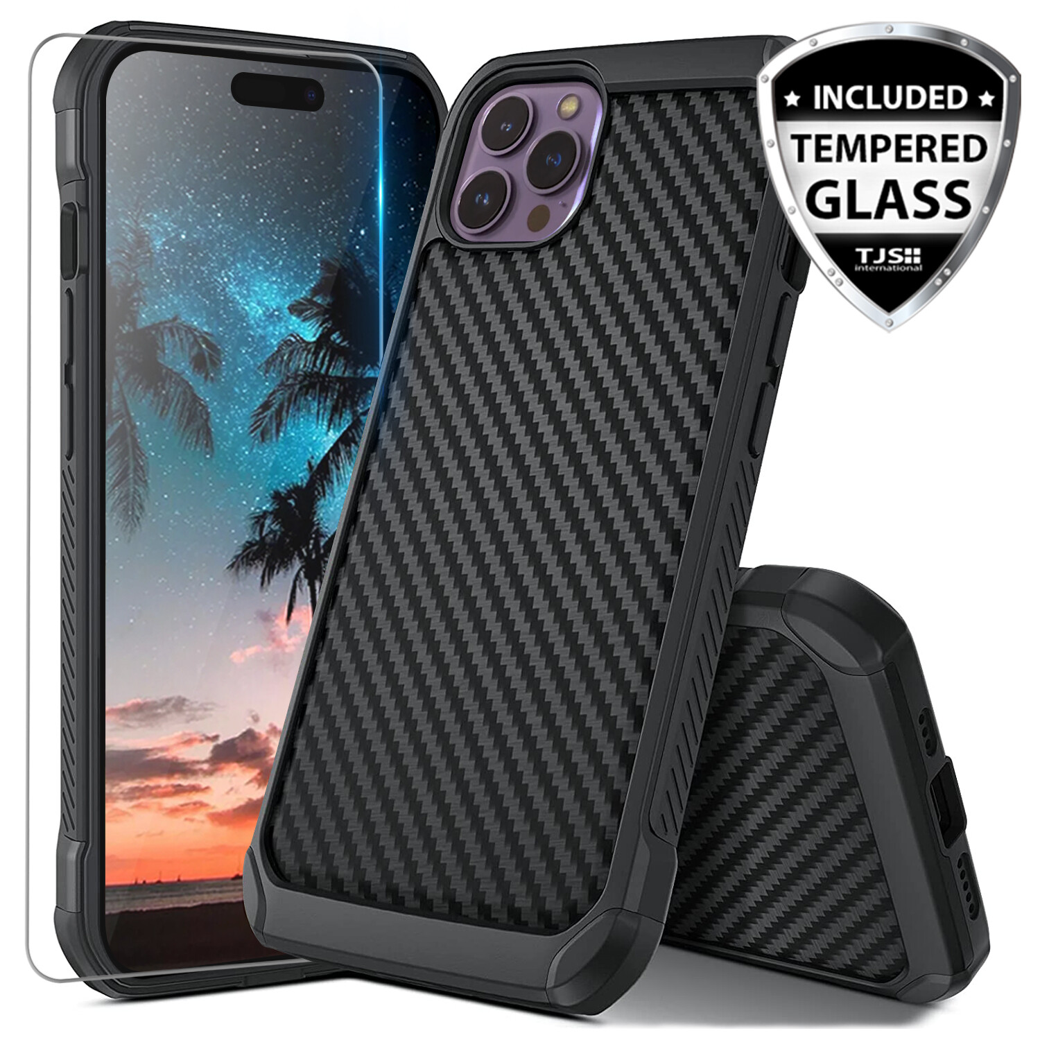 For iPhone 15 Pro Max Case/15 Pro/15 Plus Carbon Fiber Hard Cover+Tempered Glass