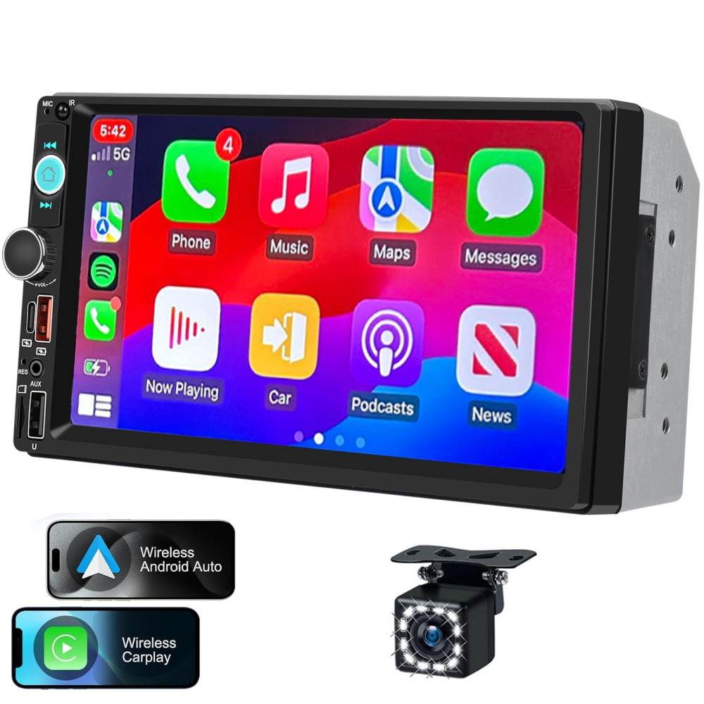 Double 2 Din 7″ Wireless CarPlay Android Auto Car Stereo Radio Bluetooth w/ Cam