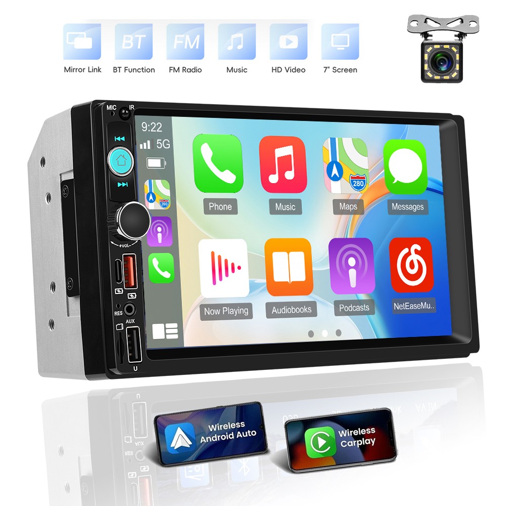 Cam 7″ Touch Screen Wireless Carplay Android Auto Double Din Car Stereo Radio FM