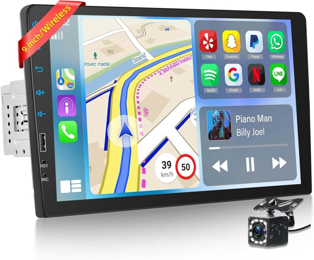 Single 1 Din Wireless Apple Carplay 9″ Car Stereo Radio MP5 NAVI GPS WIFI Camera