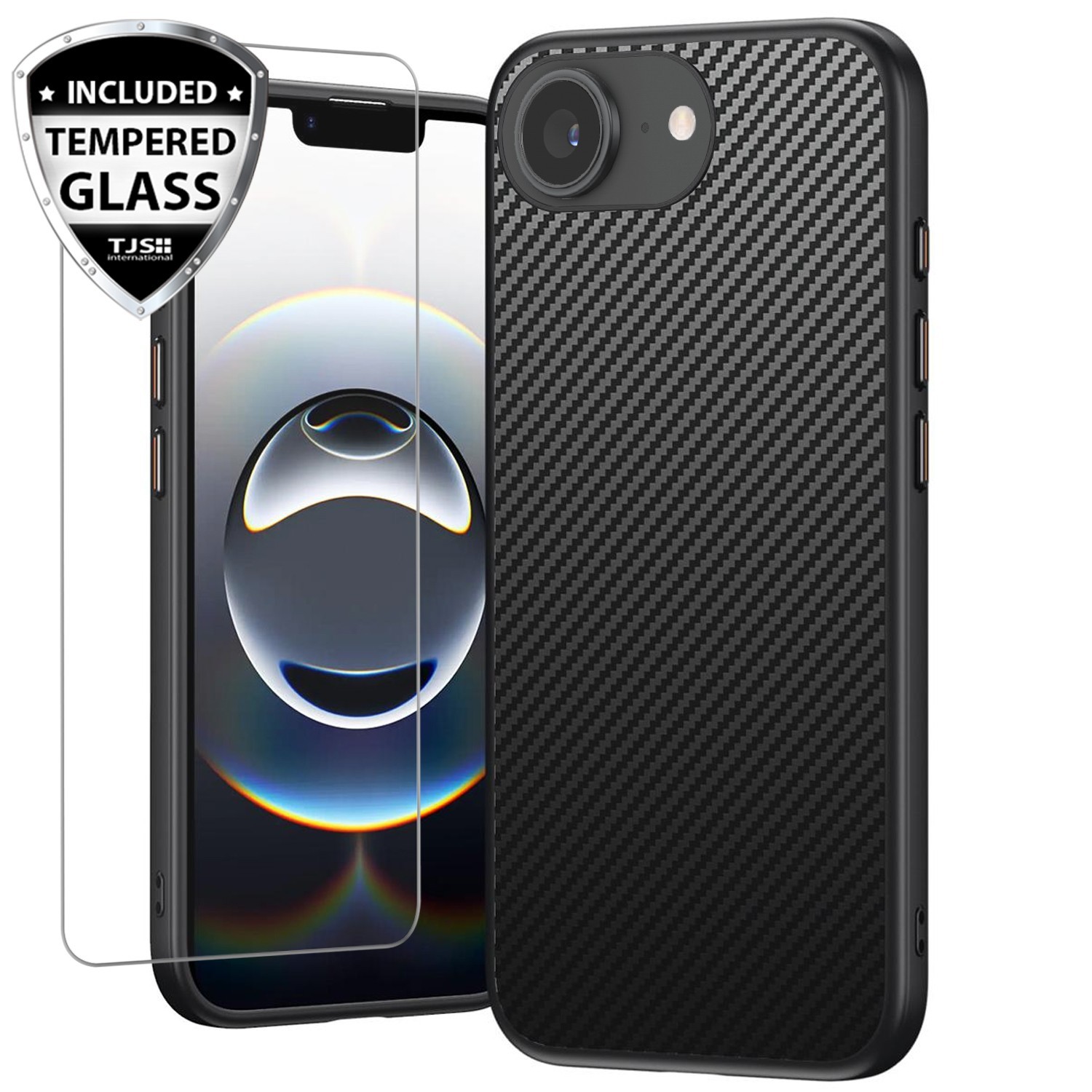 For iPhone 16e/17e Phone Case Carbon Fiber Design TPU Armor Cover+Tempered Glass