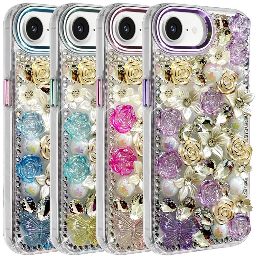 For Apple iPhone 16e Phone Case Muti-Color Rose Flowers Bling Stones Cover