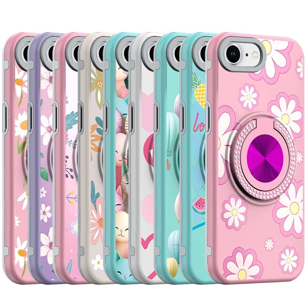 For iPhone 16e/17e Case Magnetic Metal Diamond Ring Stand Pattern Design Cover