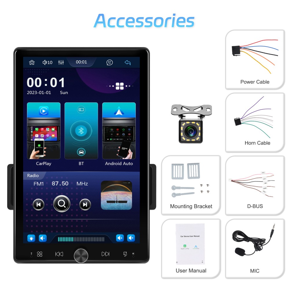 10.4″ Single Din Touch Screen Stereo Bluetooth Radio Apple/Android Carplay+CAM