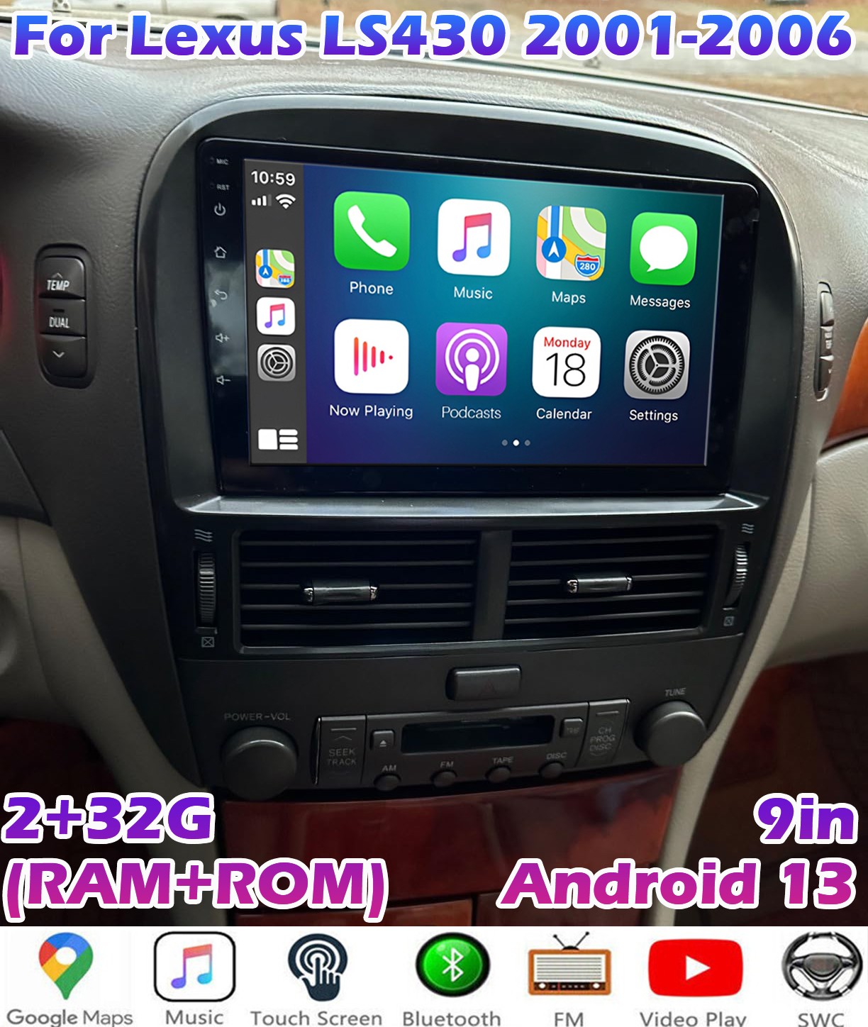 2+32G Android 13 Fit For CarPlay Car Stereo Radio GPS For Lexus LS430 2001-2006