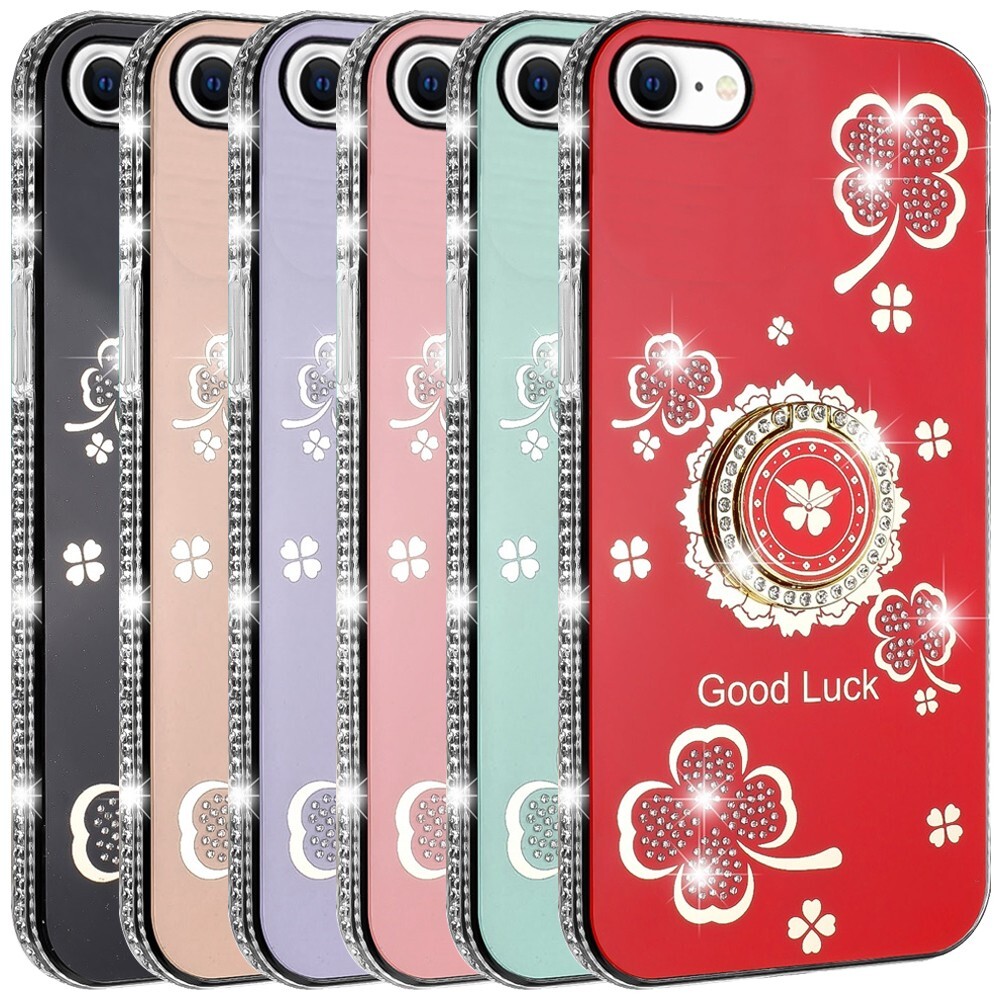 For iPhone 16e Case Lucky Clover Glitter with Diamonds Edges Ring Stand Cover