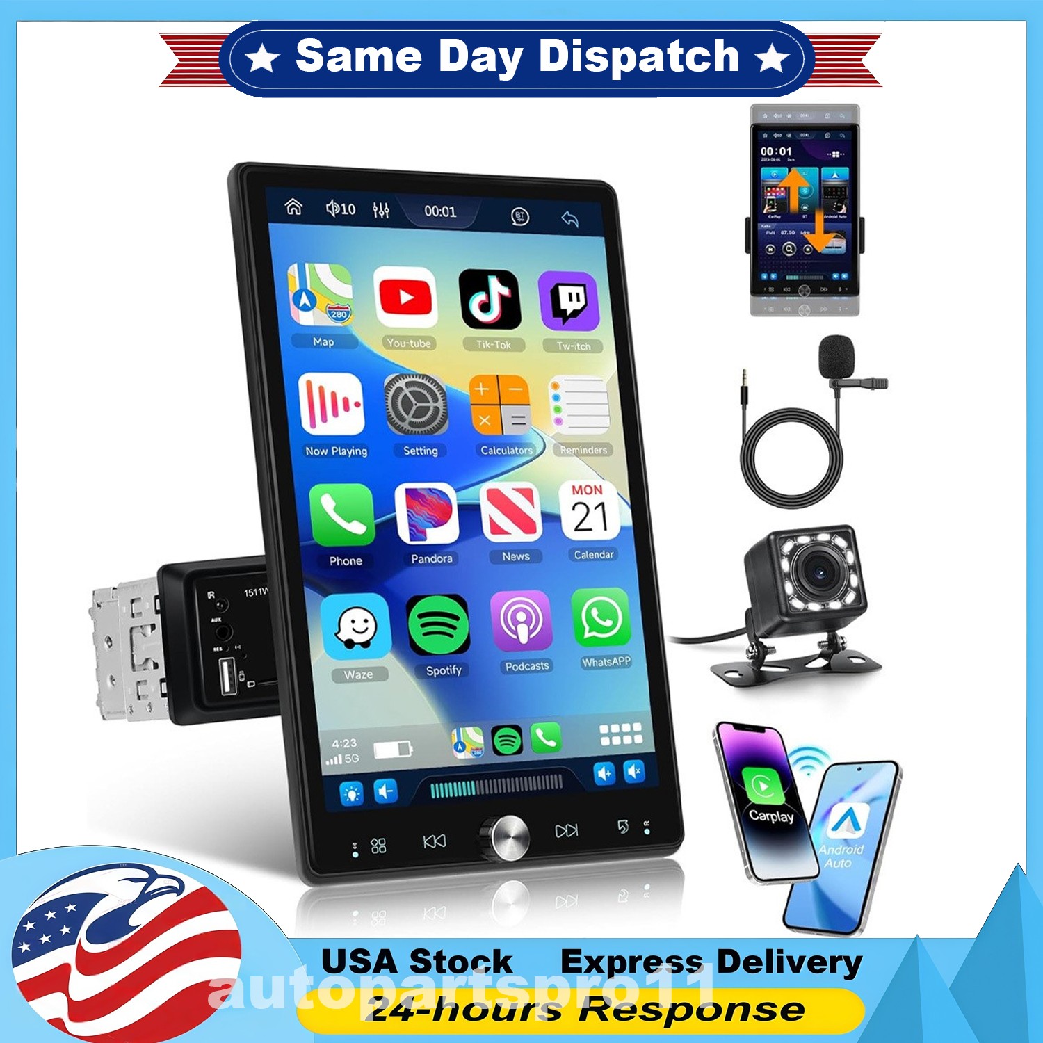 10.4″ Single Din Touch Screen Stereo Bluetooth Radio Apple/Android Carplay+CAM
