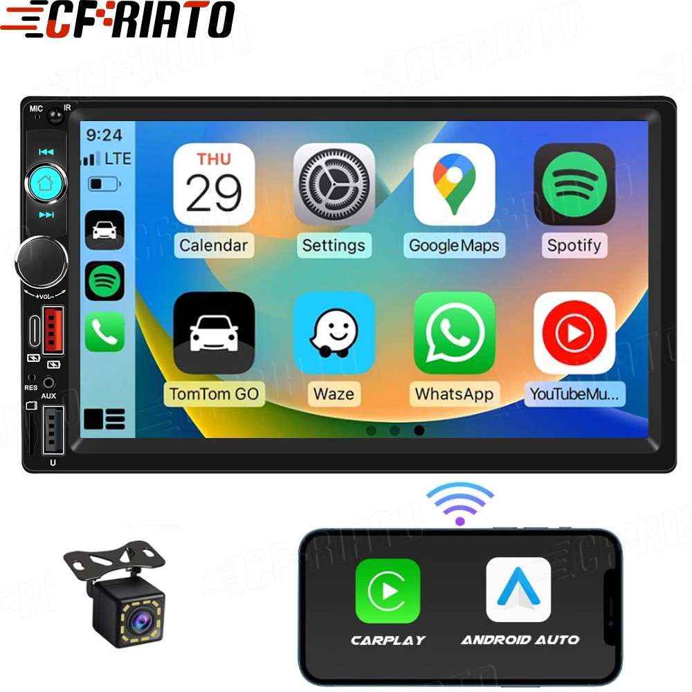 2 Din 7″ Apple Carplay Android Auto Car Stereo Radio Bluetooth Type-C USB Camera