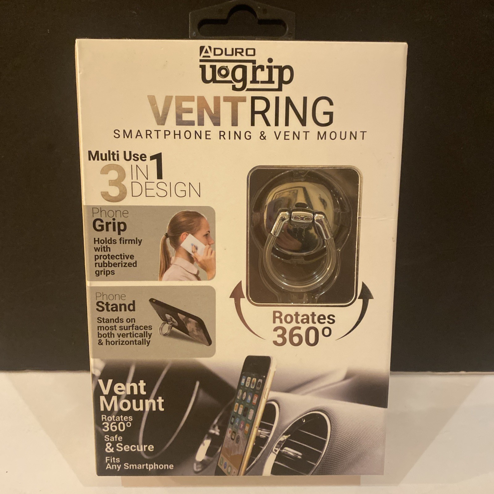 Smartphone Multi Uses 3-in-1 Finger Ring & Vent Mount Rotates, 360