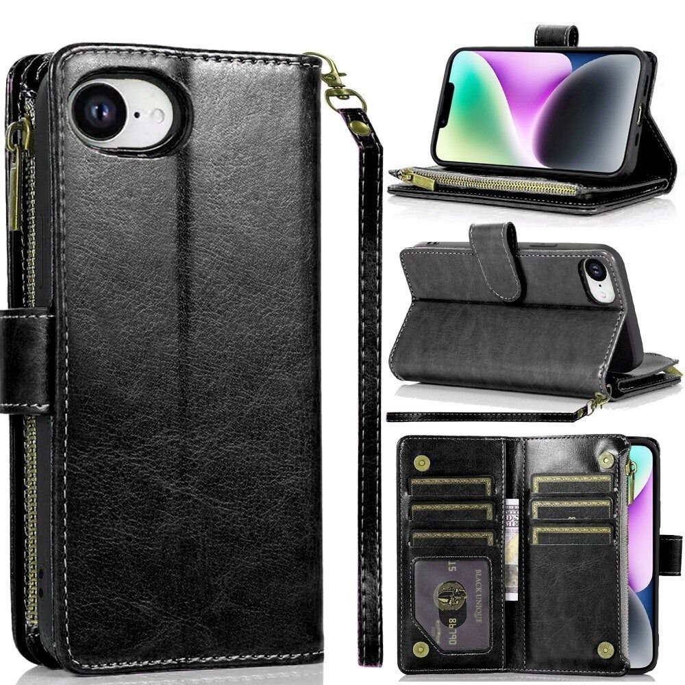 For iPhone 16e/17e Faux leather Case Wallet Card ID Zipper Money Holder Cover