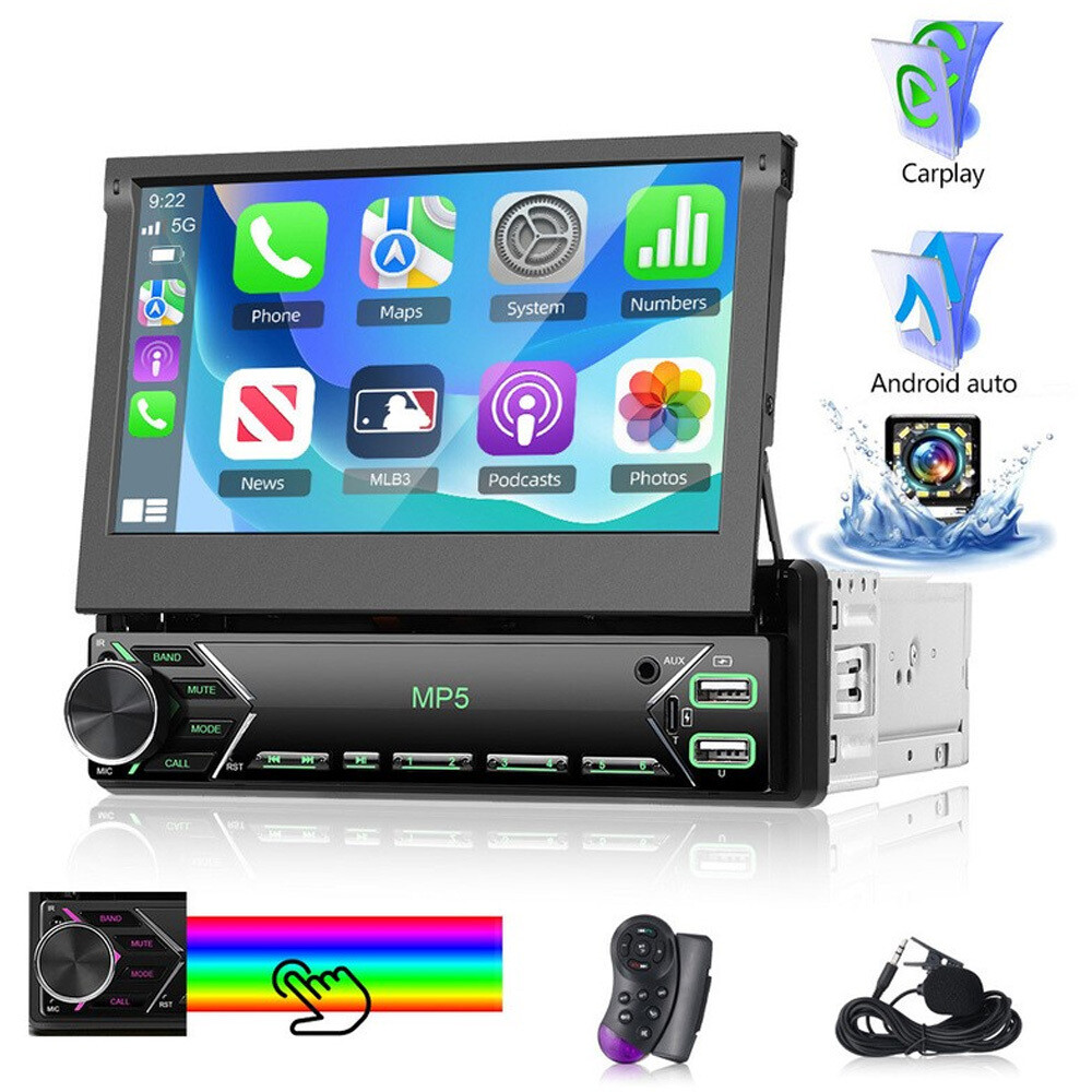 7″ Single 1 DIN Flip Out Car Stereo Radio Apple CarPlay FM BT USB Screen +Camera