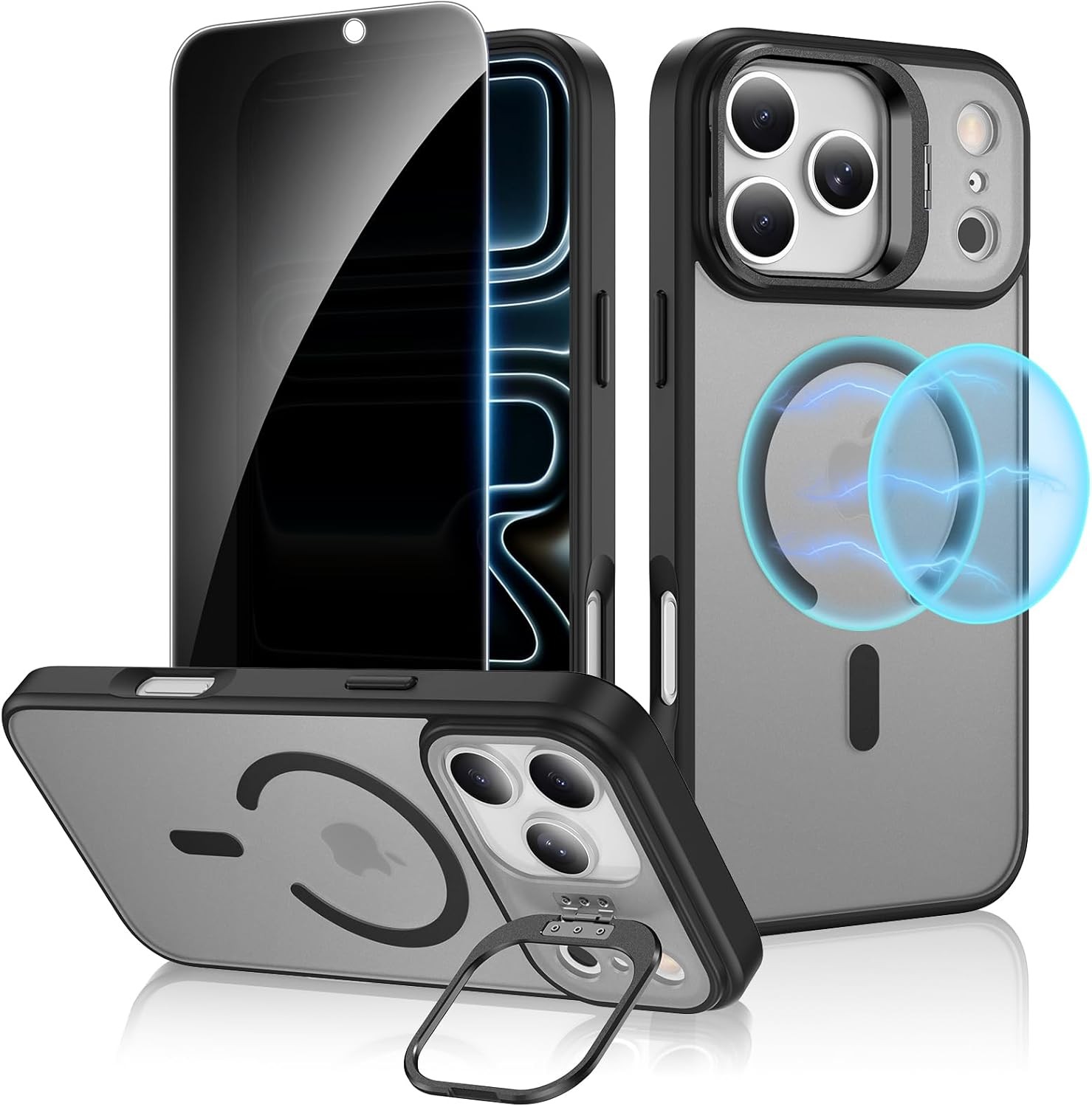 iPhone 17 Pro Max Case with Stand and Privacy Screen Protector, Black Translucen