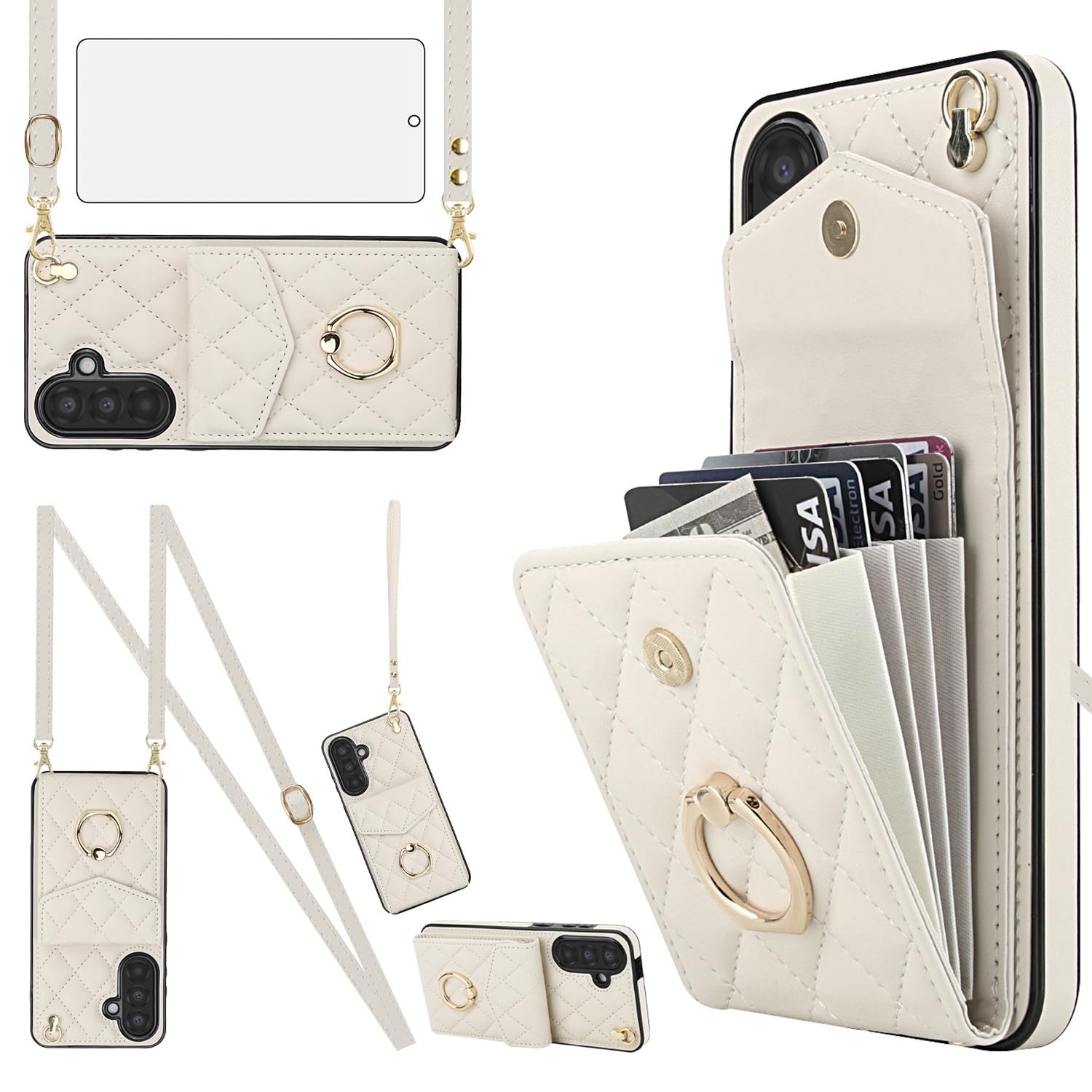 Asuwish Wallet Phone Case with Screen Protector for Samsung Galaxy A36 Off White