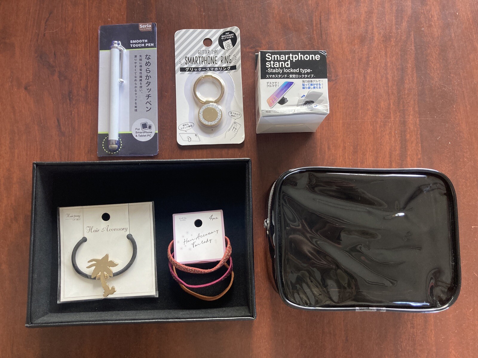 Japan 7pcs Set Smartphone Accessories Stand Ring Touch Pen Hair Pouch Bag Tray