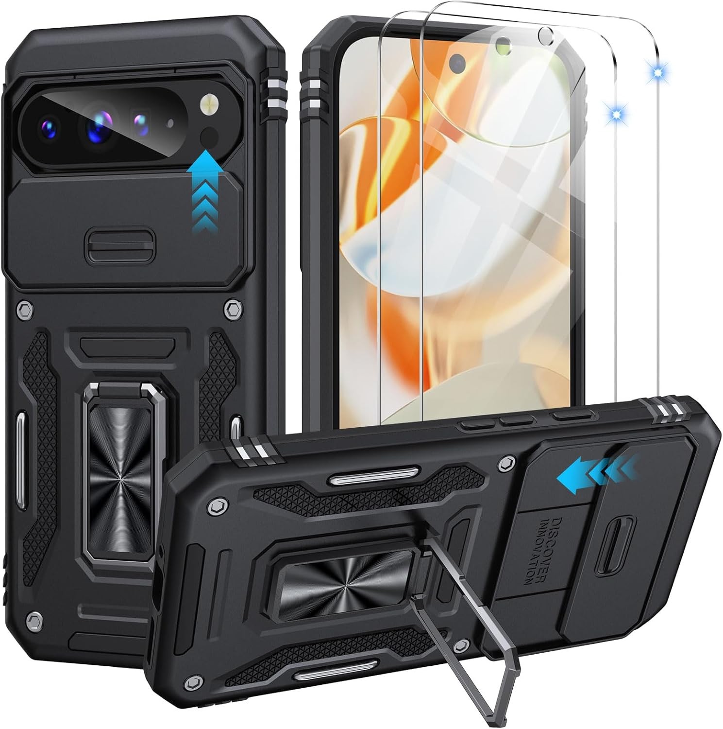 Google Pixel 9 Pro XL Case with 2 PCS HD Screen Protector and Kickstand, Black