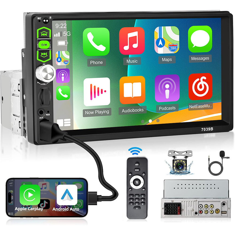 Single 1 DIN 7″ Car Stereo Radio Touch Screen Apple CarPlay Android Auto FM BT