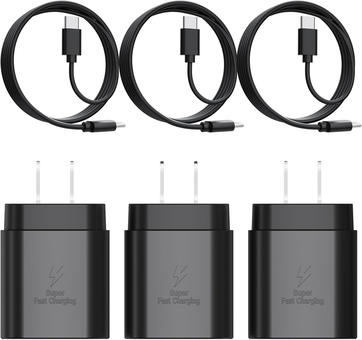 3-Pack 25W Type-C Fast Charger Block for Galaxy S23 Ultra/S21 6FT