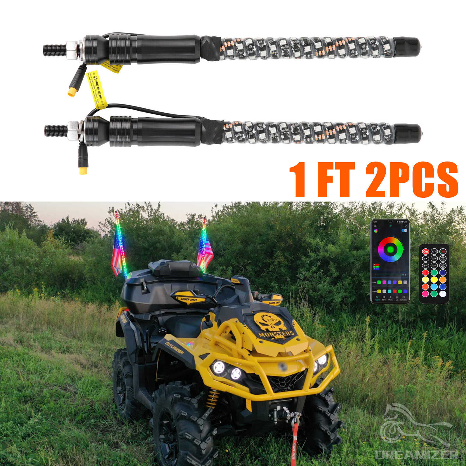 1FT ATV UTV RGB LED Whip Spiral Lights Antenna For Can Am X3 Polaris RZR Turbo