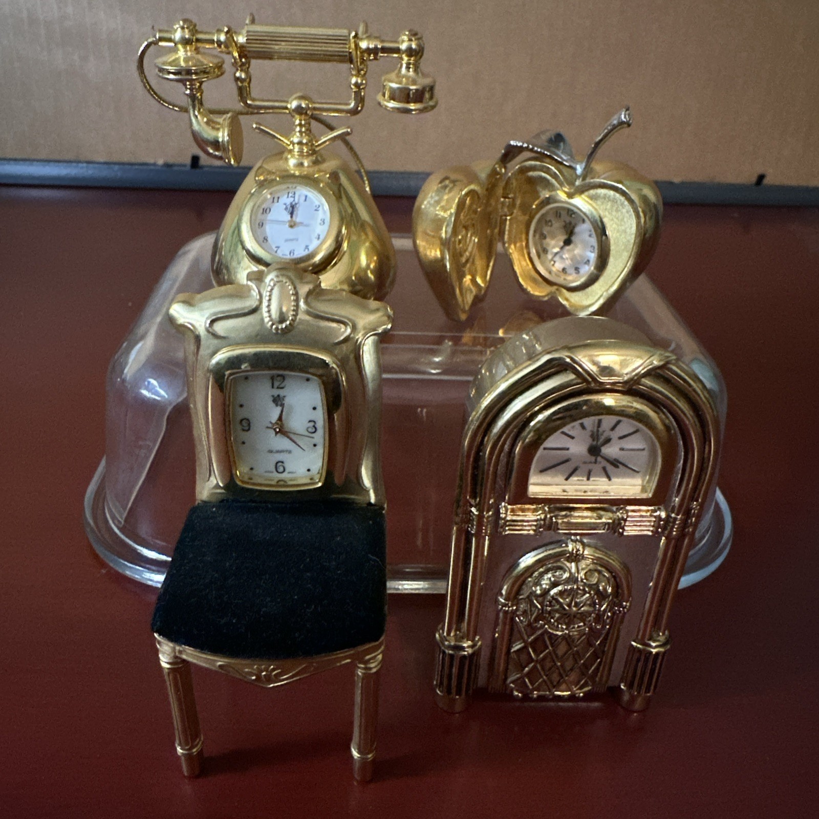 Gold Vintage Miniature Desk Clocks Lot 4 Timex Quartz Apple Phone jukebox Chair