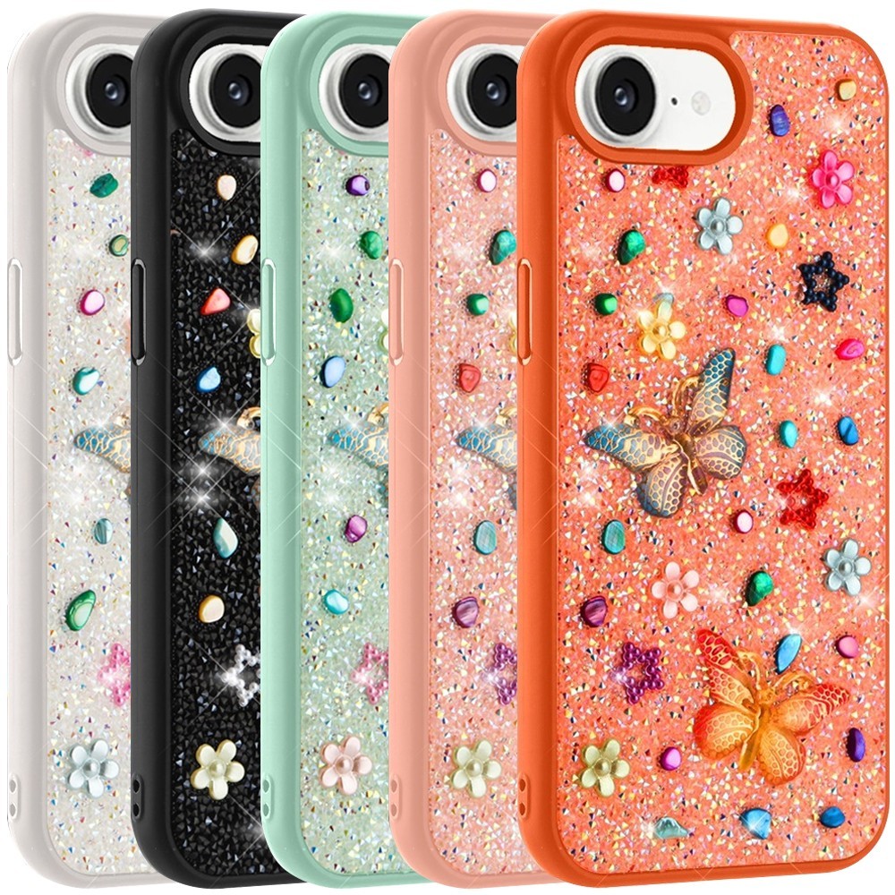 For iPhone 16e/17e Case Butterfly Ornaments Diamond Bling Glitter Hybrid Cover