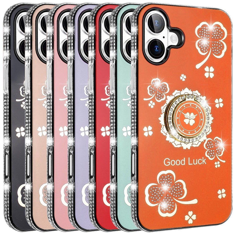 For iPhone 17 Pro Max/17 Air Case Lucky Clover Glitter Edges Ring Stand Cover