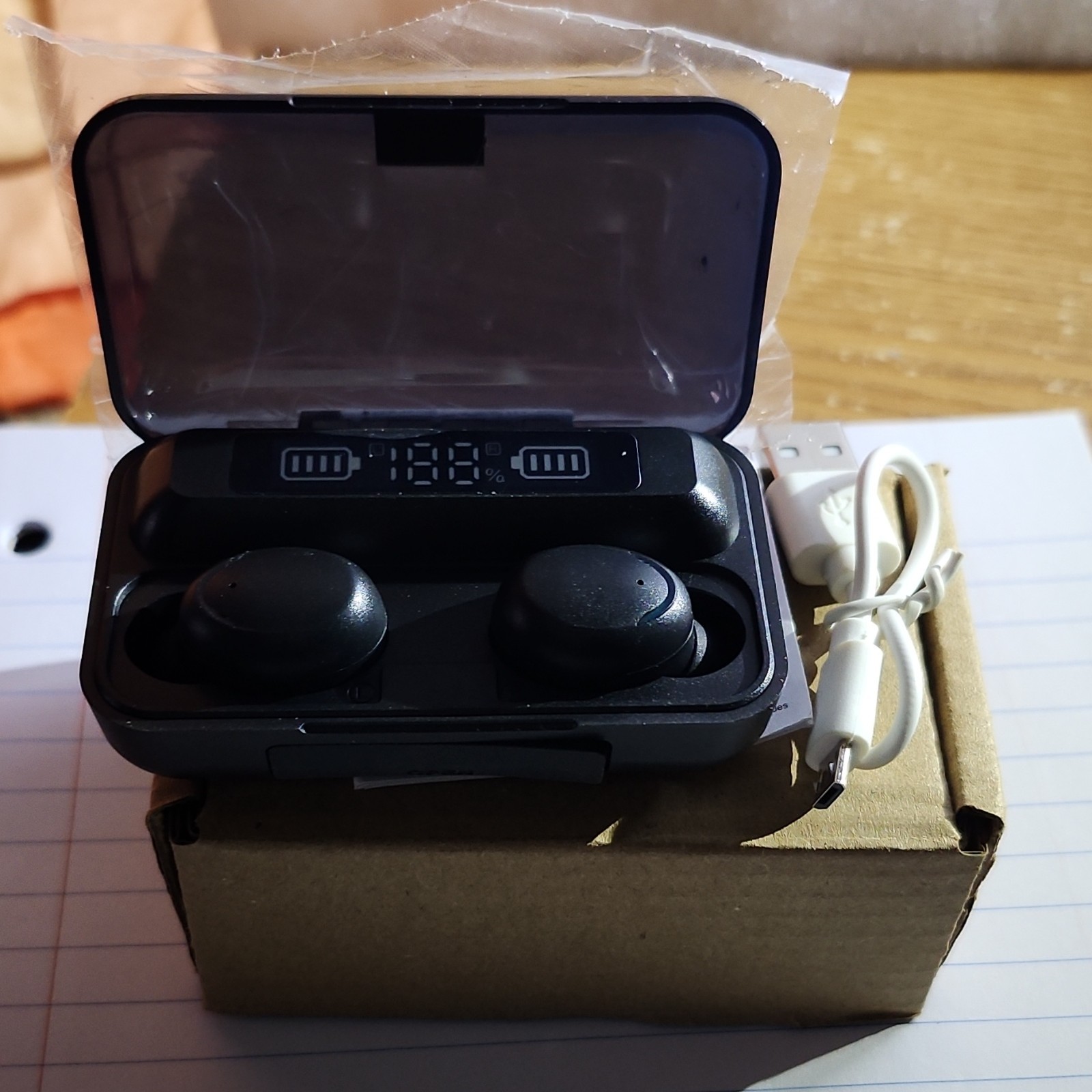 Black Wireless Bluetooth In-Ear Earbuds with Charging Case & USB Cable